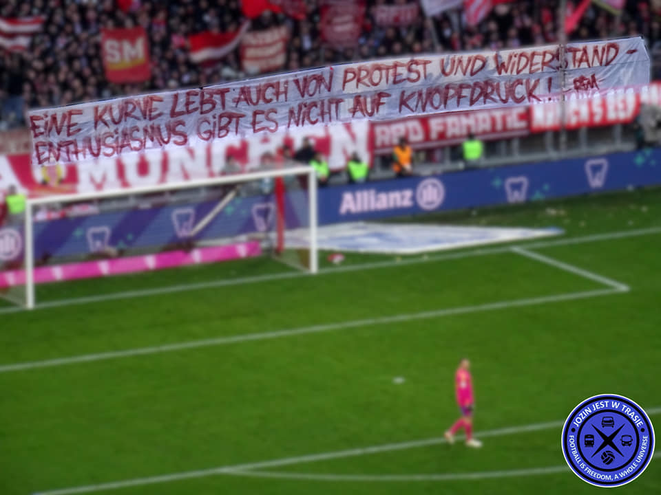 „Eine Kurve lebt auch von Protest und Widerstand - Enthusiasmus gibt es nicht auf Knopfdruck!“-Spruchband von Red Fanatic München.