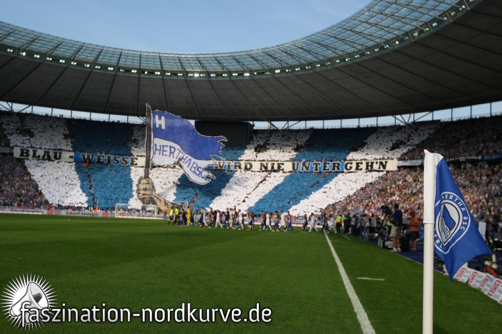 "Blau-weiße Hertha wird niemals untergeh'n" zum Auftakt der Bundesliga-Saison 2011/2012 in der Ostkurve Hertha BSC.