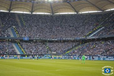 Hertha-Fans in gestreiften Trikots im Gästeblock.